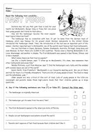 Fast Food Reading Comprehension Worksheets Reading Comprehension Worksheets Reading Comprehension