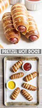 Using a slotted spatula or spider strainer, remove each pretzel dog transfer pretzel dogs to a cooling rack for a few minutes before serving. These Pretzel Hot Dogs Are So Delicious With A Tasty Combination Of A Chewy Pretzel Wrapped Around A Juicy Salty Hot Dog It Hot Dog Recipes Tasty Dog Recipes