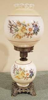 Any wallpaper with a large floral print in deep colors, a classic damask pattern or wallpaper with a gold, embossed design. Vintage Gwtw Gone With The Wind Milk Glass Floral Print Ball Globe Lamp 19 Globe Lamps Victorian Table Lamps Lamp