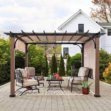 Sunjoy Neuralia 10 Ft X 10 Ft Steel Pergola With Natural Wood Looking Finish And Adjustable Tan Shade 169407 The Home Depot Steel Pergola Pergola Outdoor Living Space