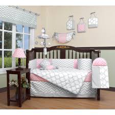 The comforter features an adorable chevron pattern that is perfect for a nursery. Geenny Salmon Pink Gray Chevron 13 Piece Baby Nursery Crib Bedding Set Overstock 30897741