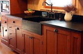 Stained Cherry With Glazing Dull Conversion Varnish Finish Soapstone Sink And Counters Cherry Cabinets Kitchen Lodge Kitchen Cabinets Kitchen Black Counter