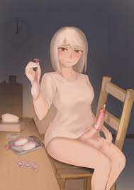 electroneconics, highres, bottomless, brown eyes, condom, cum, full-package  futanari, futanari, looking at viewer, newhalf, penis, sitting, solo,  tissue, used condom, white hair - Image View - | Gelbooru - Free Anime and  Hentai Gallery