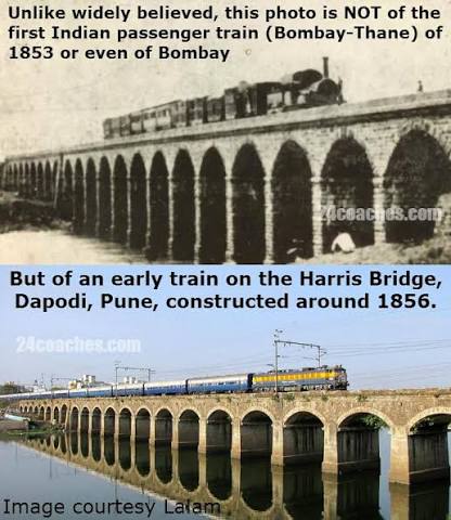 This famous photo is NOT of the First Indian Train or Bombay, but of a 1855 train on Harris Bridge Dapodi Pune #IR162