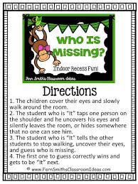 We did not find results for: Indoor Recess Who Is Missing Directions Recess Games Classroom Games Indoor Recess Games