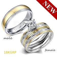 His And Her 18k Gold Color Couple Rings Princess Diamond Ring Women Wedding Engagement Ring Sets Men Titanium Steel Ring Jewelry For Lover Gifts