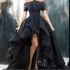 Wedding Dress Short Front Long Back Strapless A Line Floor Length Black Lace Wedding Dress Masquerade Dresses Black Lace Wedding Dress High Low Prom Dresses