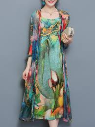 Spu Vi9lb868 Process Printed Material Chiffon Pattern Type Abstract Sleeve Type 3 4 Sleeve Tag Mid Two Piece Long Dress Boho Floral Dress Vintage Dresses
