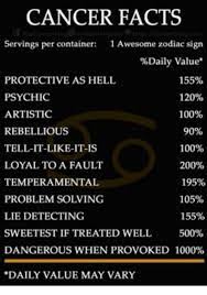 This is a comparatively new term popularized during the late 60s and early 70s. Cancer Facts Servings Per Container 1 Awesome Zodiac Sign Daily Value Protective As Hell 155 Psychic 120 100 Artistic 90 Rebellious 100 Tell It Like It Is Loyal To A Fault 200 Temperamental 195 Problem Solving