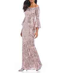 Betsy And Adam Sequined Offtheshoulder Flutter Sleeve Sequined Gown Dillards With Images Women Wedding Guest Dresses Mother Of Groom Dresses Evening Wedding Guest Dresses