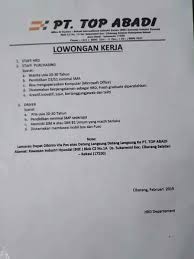 Dibawah ini merupakan beberapa informasi yang telah kami himpun mengenai lowongan kerja daerah cikarang terbaru pada bulan mei tahun 2021 dari sumber informasi lowongan kerja terpercaya, semoga informasi ini dapat bermanfaat bagi pembaca yang sedang mencari pekerjaan. Lowongan Kerja Pt Top Abadi Cikarang Jawa Barat Pendidikan Smp Kerja