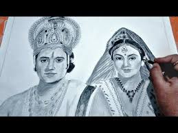 Lord Ram And Sita Drawing Arun Govil And Dipika Chikhlia Ramayan Dd National Youtube Art Sketches Pencil Diwali Drawing Drawings