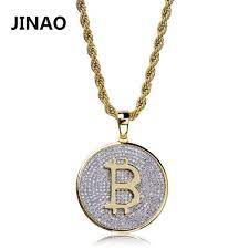 Jinao Hip Hop New Fashion Iced Out Round Bitcoin Pendant Micro Pave Cz Stone Necklace Gold Color Plated G Gold Chains For Men Cz Stone Necklace Chains For Men