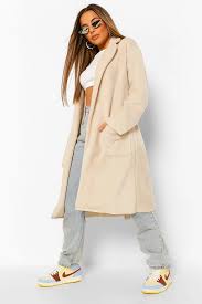 Manteau long tricoté en fourrure de chien viverrin, fermeture avec attaches invisibles, doublé. Petite Manteau Long Ceinture Effet Laine Boohoo