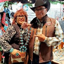 Silvermith Inspiration!!! Ernest Roy Begay and his wife Rita stopped by our  booth. 😎 We got a picture with Ernest's spectacular, $60,000 Prince  Turquoise Squash Blossom necklace.💎💎💎 #mastersilversmith #princeturquoise