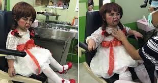 Annabelle is portrayed as a beautiful porcelain doll turned satanic. A Boy Was Dressed Up As Annabelle By Mom During Halloween But They Had To Rush To The Dental Appointment With The Costume On The Dentist Couldn T Hold His Laughter Anymore When