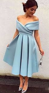 Macloth Off The Shoulder Satin Midi Cocktail Dress Sky Blue Tea Length Formal Dress Elegant Prom Dresses Satin Cocktail Dress Off Shoulder Evening Dress