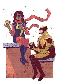 Is the red and blue captain marvel or the same black suited ms marvel? Ms Marvel Kamala Khan And Wolverine By Jake Wyatt Colours By Ron Chan Marvel Superheroes Marvel Comics Ms Marvel Captain Marvel