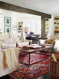 Traditional Oriental Carpet And Modern Coffee Table With Rustic Beam Rugs In Living Room Home Living Room Living Room Red