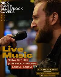 Tonight, Live music from the talented Nick South, book a table or just turn  up for a drink. To book visit www.bricklayersarms.com or call