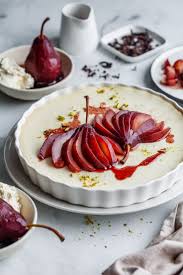 Baked Vanilla Yoghurt With Hibiscus Poached Pears Olive Mango Recipe Desserts Poached Pears Peanut Butter Chocolate Chip Cookies