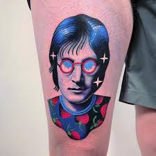 A portrait tattoo of @johnlennon for @millekbr Thanks Bryce. Strawberry  fields forever! Done at @velours.studio Powered by @eikondevice,  @vladbladirons & @eternalink Booking + Inquiries + Merch ↓ Davidpeyote.com 