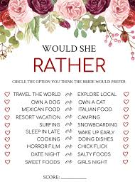 Bridal Shower Games Would She Rather Template Would She Etsy Bridal Shower Games Bridal Shower Floral Bridal Shower