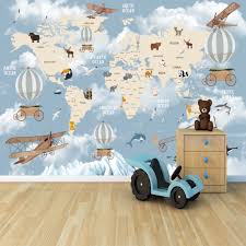 dunya haritasi sevimli hayvanlar ve egitici cocuk odasi duvar kagidi duvar duvar kagidi 3d duvar kagidi
