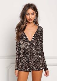 Bronze Clothes Jumpsuits Open Plunge Romper Romper Noche Rompers Sequin Bronze Open Back Plunge Eve Outfit New Years Eve Outfits New Years Eve Dresses