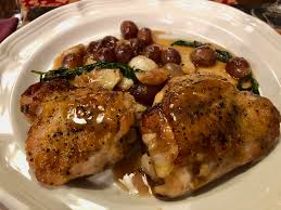 Crispy and sticky chicken thighs with squashed new potatoes. Chicken With Grapes Garlic And Red Vermouth Cooking From Books