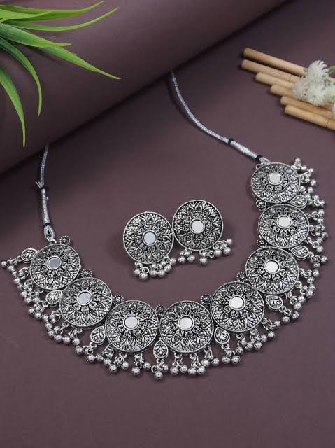 silver oxidized navratri afghani choker necklace set for women - I Jewels - 4216336