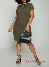 2020 Buyuk Beden Yazlik Elbise Modelleri Haki Dizboyu Kisa Kol Sade Plus Size Dresses Elbise Modelleri Gomlek Elbise