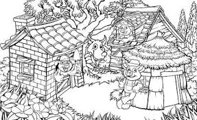 Uma Ilustracao Da Historia De Contos De Fadas Das Tres Porquinhos Dos Personagens De Desenhos Animados Dos 3 Porquinhos Com Suas Casas De Palha Madeira E Tijolos E O Grande Lobo Mau
