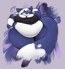 50966 - species needed, suggestive, artist:sumisune, oc, oc only, canine,  mammal, anthro, 2020, abstract background, belly button, belly overhang,  big belly, big breasts, blue body, blue fur, blue hair, bottomwear,  breasts, cleavage,
