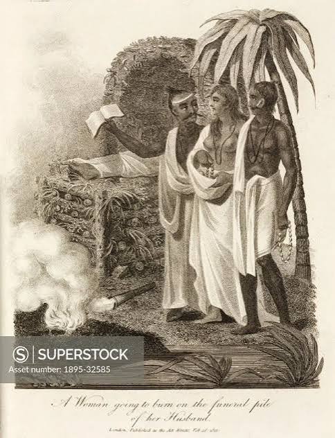 Engraving showing the custom of Suttee or Sati, whereby a widow was expected to throw herself onto her dead husbands funeral pyre. Abolished by law i... - SuperStock
