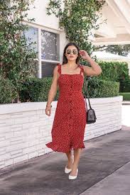 Red Polka Dot Midi Dress With White Heels Red Dress Outfit Church Dress Outfit Fall Dress Outfit