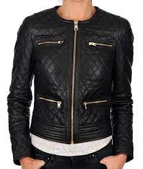Womens Black Slimfit Collarless Quilted Design Motorcycle Jacket Leather Jacket Leather Jackets Women Real Leather Jacket