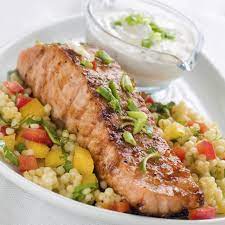 Plus it place the seasoned salmon steaks on top of the couscous. Baked Salmon Pearl Couscous Triathlon Magazine Canada