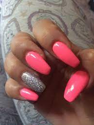 Hot Pink Nails With Silver Glitter Accent Nail Pinknails Neonnails Coffinnails Hot Pink Nails Pink Glitter Nails Pink Acrylic Nails