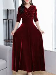 Buy Women S Aline Dress V Neck Solid Color Long Sleeve Patchwork Dress Regular Dresses At Jolly Velvet Dress Designs Fashion Dresses Formal Fashion Attire