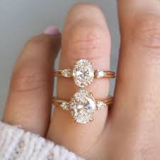 Vintage Inspired Double Band Halo Engagement Ring Three Stone Engagement Rings Oval Unique Engagement Rings Modern Engagement Rings