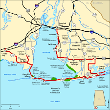 Map Of Alabama Coast Alabama's Coastal Connection State: Alabama Length: 130.0 Mi / 209.2 Km  This Route And The Waterways … | Gulf Shores Alabama, Road Trip Fun, Alabama  Beaches