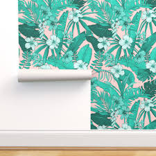 Bohemian style pink gold flowers and teal leaves vector. Peel And Stick Removable Wallpaper Tropical Botanical Teal Pink Floral Aqua Walmart Com Walmart Com