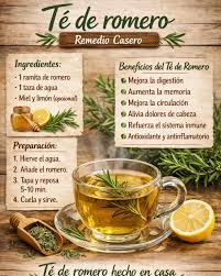 🌿 Té de romero (remedio casero) 🫖 Ingredientes • 1 ramita de romero fresco (o 1 cucharadita de romero seco) • 1 taza de agua • Miel y limón (opcional) 👩‍🍳 Preparación