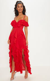 Bright Green Cold Shoulder Ruffle Detail Maxi Dress Ruffled Maxi Dress Red Dress Maxi Dress