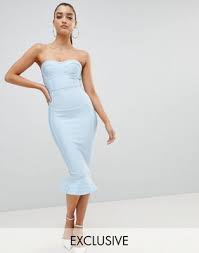 A classic blush midi fishtail dress perfect for a classy night out or a date night. Prettylittlething Exclusive Bandage Frill Hem Bodycon Dress Asos