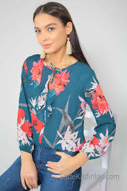 2019 Sifon Bluz Modelleri Yesil Uzun Kollu Bagcikli Yaka Cicek Desenli Sifon Bluzlar Bluz Bluz Modelleri