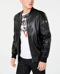 Guess Men S Faux Leather Bomber Jacket In Black Modesens Faux Leather Bomber Faux Leather Bomber Jacket Leather Bomber Jacket