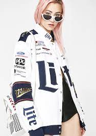 This sikk racing jacket has brand logos on the front n' back, and a button up front closure. Brad Keselowski Miller Lite Nascar Twill Jacket Dolls Kill