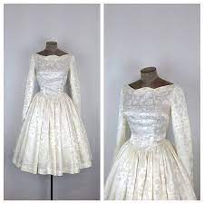 1950s Satin Brocade Wedding Dress 50s Long Sleeve Bridal Etsy Long Sleeve Bridal Gown Wedding Dresses 50s Trendy Wedding Dresses